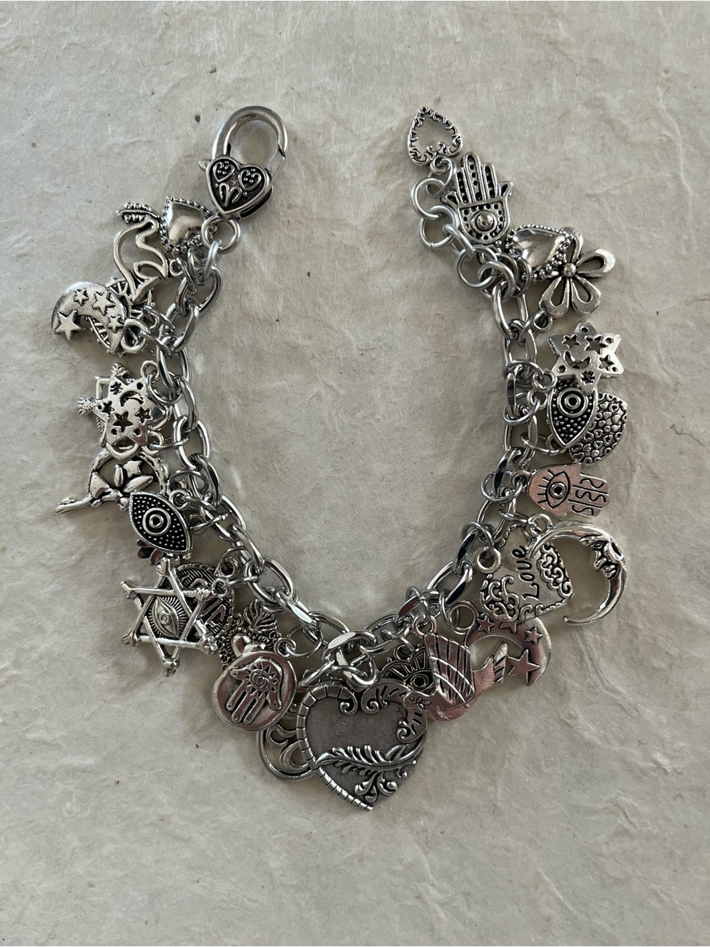 CHARM BRACELET Good Luck, Protection, Evil Eye, Hamsa, Figa, Peace Doves